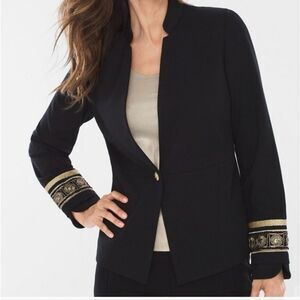 Chico's Black Blazer Structured Design and Stand-Up Collar gold embroidery cuffs